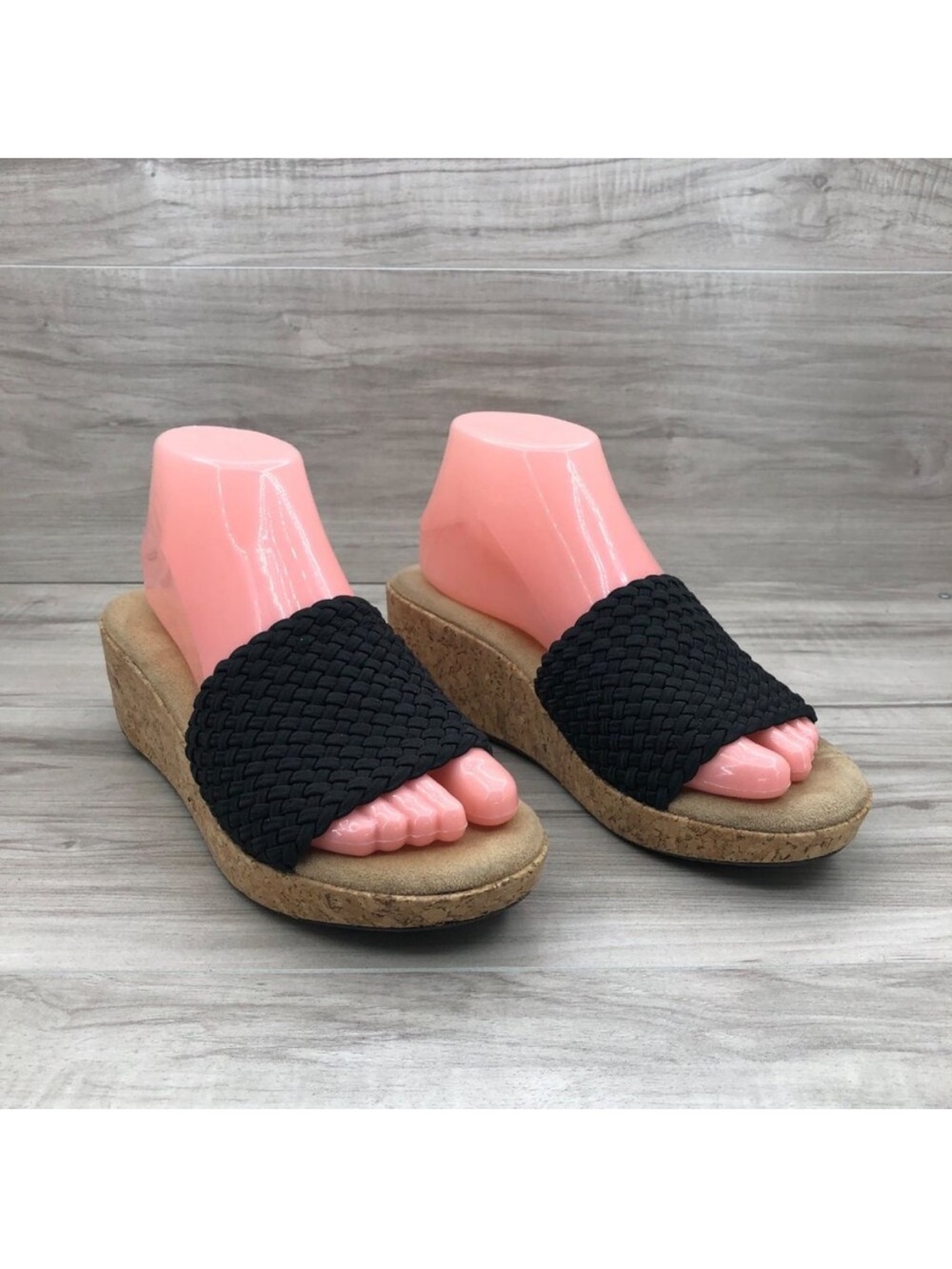 Adrienne Vittadini Wedge Sandals Womens 8 Davis Black Slip On Cork Shoes